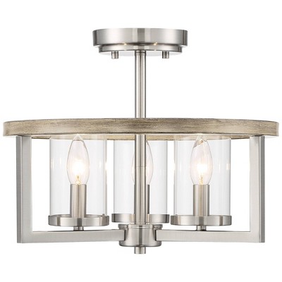 Senna Brushed Nickel and Gray Wood 17" Drum Ceiling Light with Clear Glass