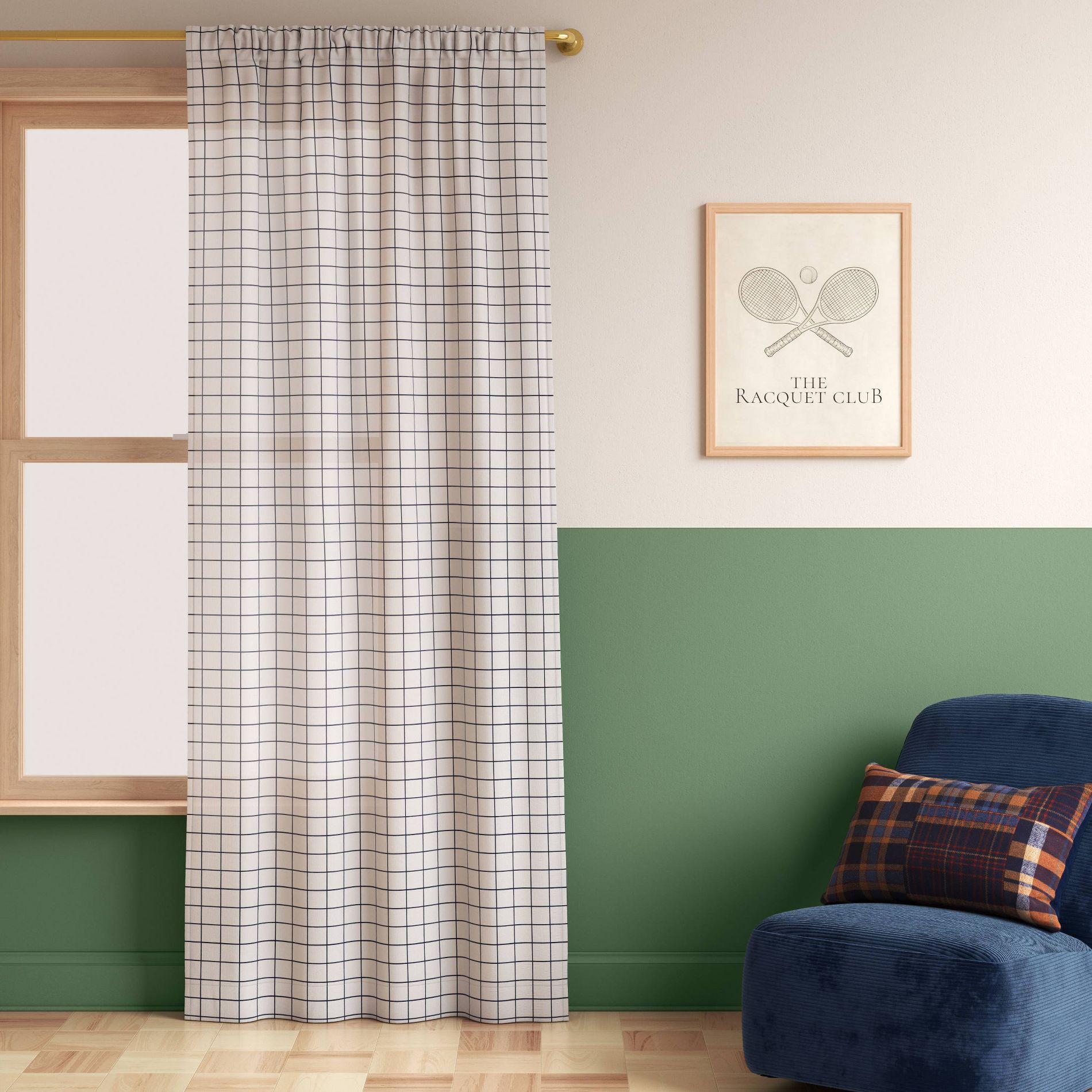 42"x84" Navy Grid Curtain Panel Ivory - Room Essentials™