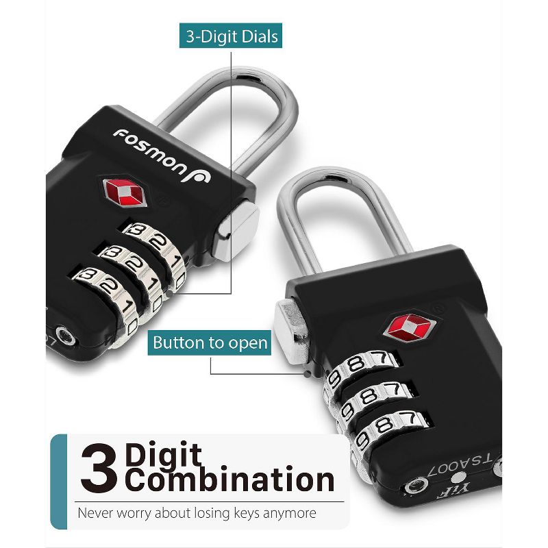 Fosmon TSA Accepted Luggage Lock with 3-Digit Combination, Unlock Button and Open Alert Indicator, 4 of 8