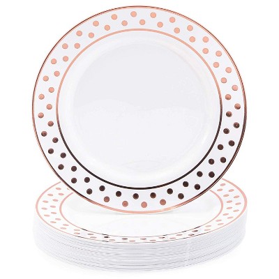 Juvale 24 Packs Rose Gold Plastic Reusable Dinner Plates, Disposable Dinnerware Set, Polka Dot, 9"