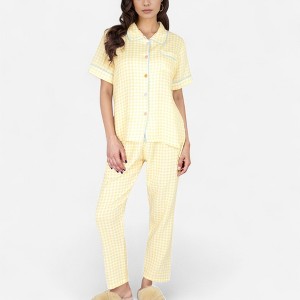 Anna-Kaci Lounge Women's Gingham Print Two-Piece Pajama Set with Short Sleeve Button Top and Relaxed Fit Pants - Small, Yellow - 1 of 4
