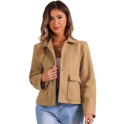 Allegra K Women's Long Sleeve Two Pockets Button Cropped Outerwear Jacket
