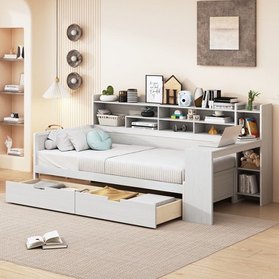 NicBex Twin Size Daybed Multifunctional Frame Day Bed with Trundle, Storage Shelves, 2 Spacious Drawers and 1 Integrated Desk for Apartment