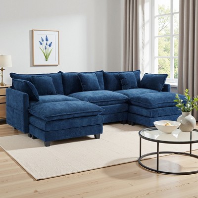 EHMKNP 3-Seat U-Shaped Modern Cloud Couch - Chenille Modular Sectional with Deep Seat, 2 Ottoman & 4 Pillows for Home/Apartment Spaces