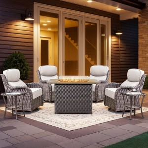 Buenhomino Luxury 7 Piece Wicker Patio Furniture Set with 41" Fire Pit Table - Outdoor Swivel Rocker Chairs Set of 4 with 2 Glass Side Tables - 1 of 4