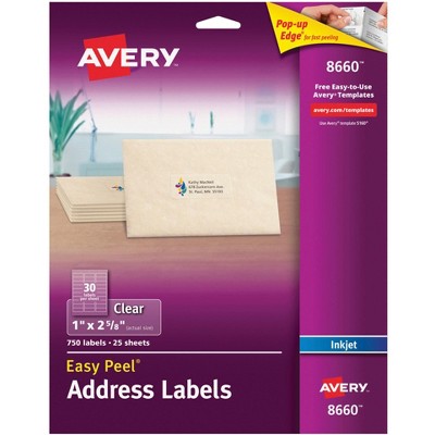 Avery Easy Peel Address Labels, Inkjet, 1 x 2-5/8 Inches, Clear, Pack of 750