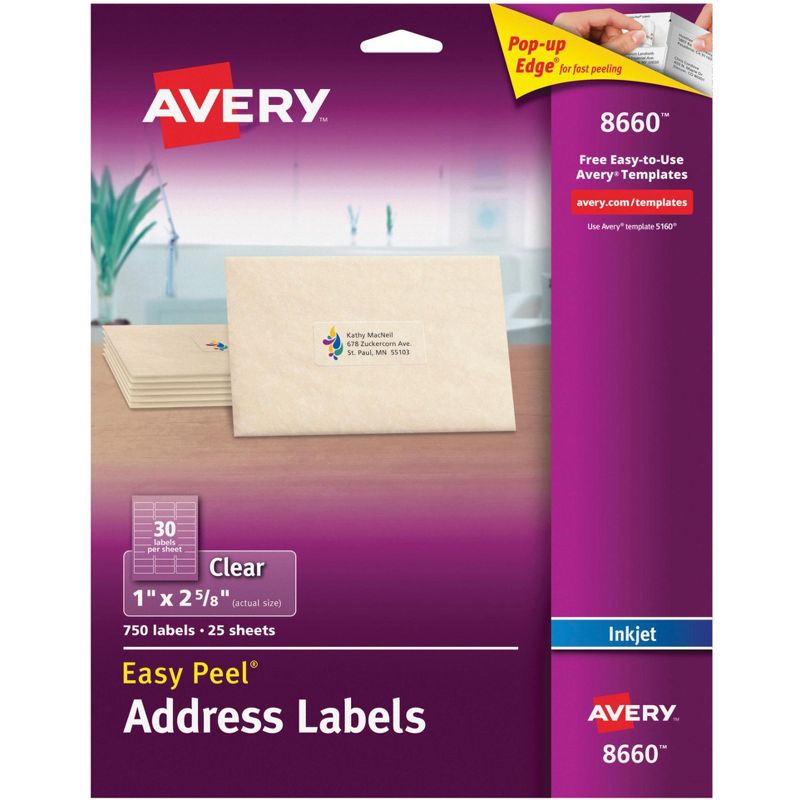 Avery Easy Peel Address Labels, Inkjet, 1 x 2-5/8 Inches, Clear, Pack of 750, 1 of 2