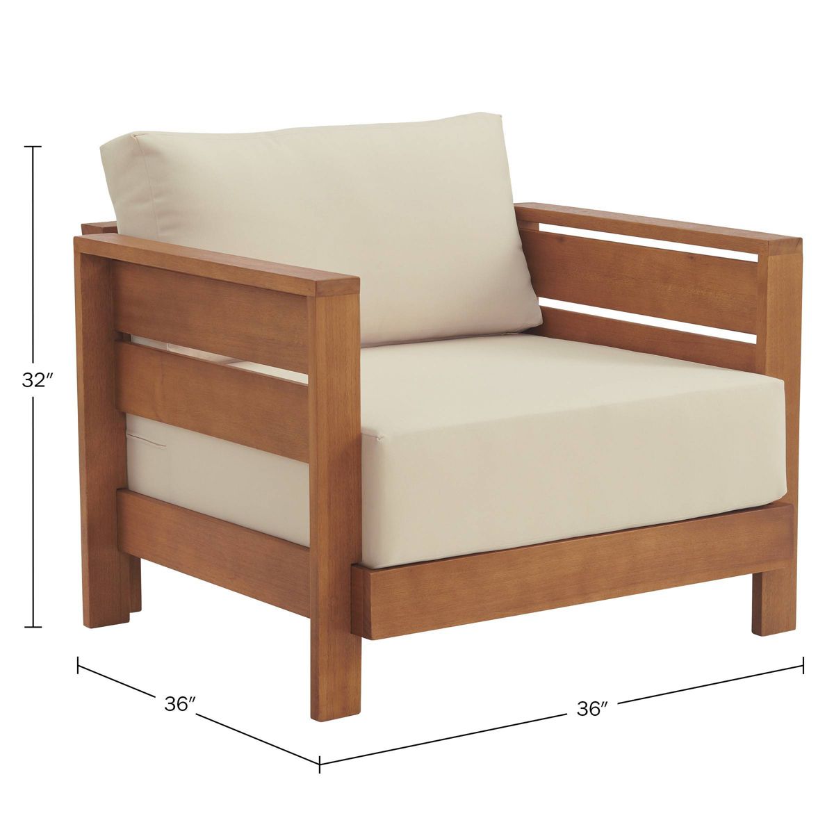 Outdoor arm chair with cream cushions; dimensions shown