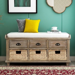 Rustic Wooden Storage Bench with Drawers and Rattan Baskets - Removable Cushion for Living Room, Bedroom, Hallway - 1 of 4