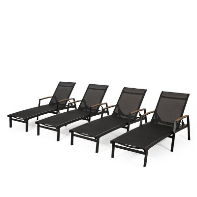 Oxton 4pc Patio Aluminum Chaise Lounges with Mesh Seating - Black - Christopher Knight Home