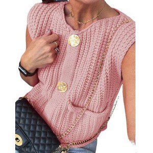 Sleeveless Cropped Button Down Cardigan Sweater Vest for Women Trendy Crochet Cable Knit Tops with Pockets - 1 of 2