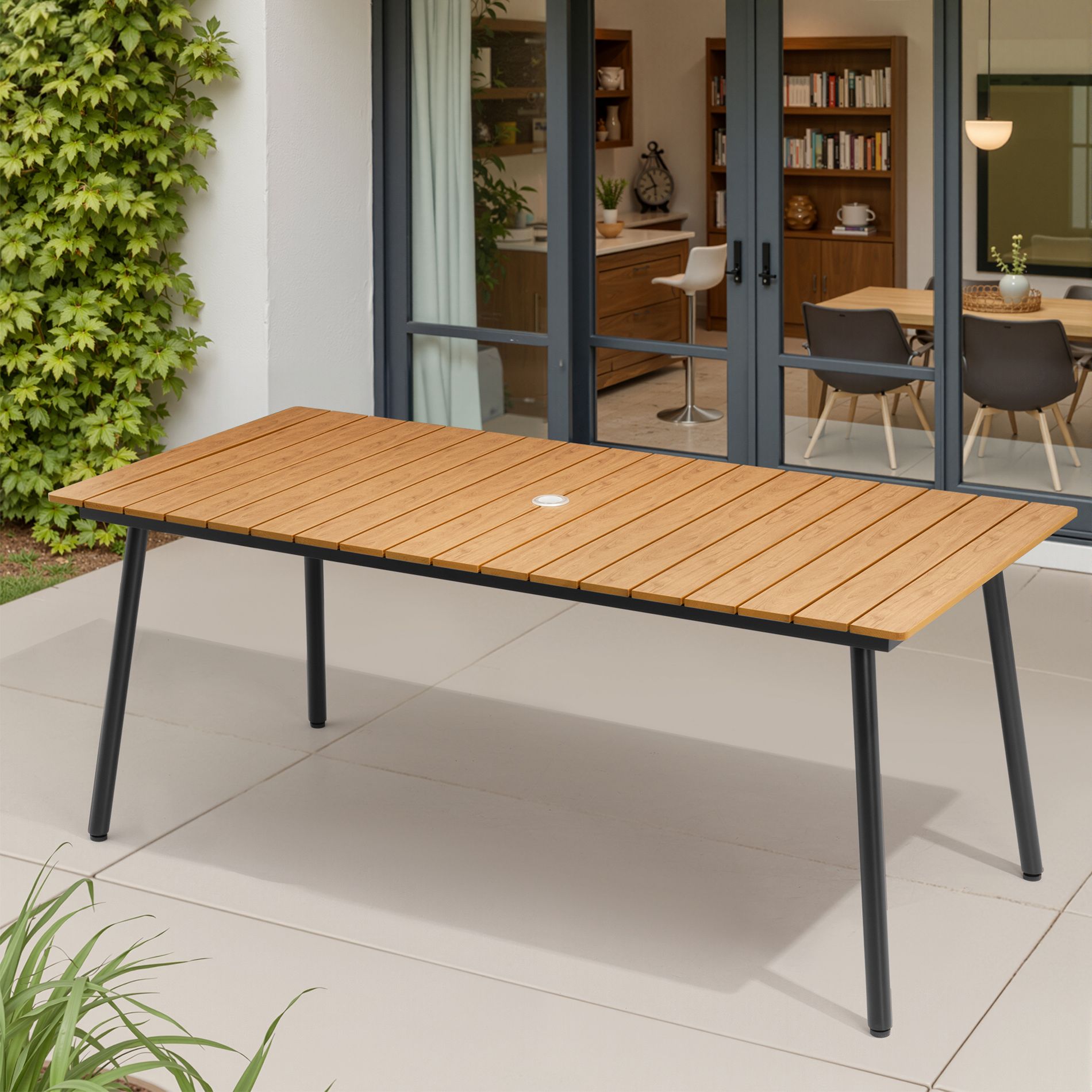 Pellebant 70.9-Inch Outdoor Rectangular Dining Table 4-6 People Aluminum Frame Wood-Look Top Umbrella Hole Brown