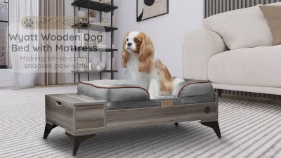 Medium Gray Wooden Elevated Pet Bed with Storage and Water-Resistant Mattress