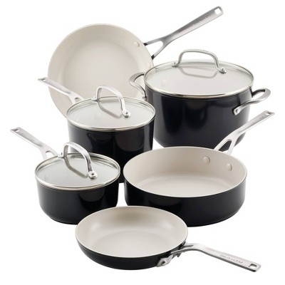 KitchenAid 9pc Ceramic Forged Aluminum Nonstick Cookware Set Onyx Black: Dishwasher-Safe, Glass Lids, Gas & Electric Compatible