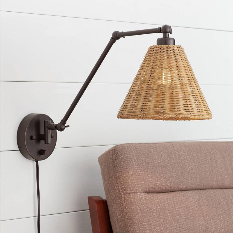 Barnes and Ivy Rowlett Wall Lamp Bronze Plug-in 3" Light Fixture Swing Arm Adjustable Natural Rattan Shade for Bedroom Reading Living Room House, 2 of 10
