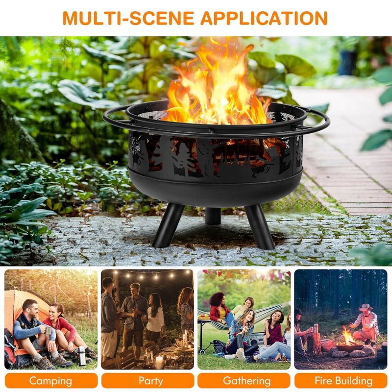 Costway 30'' Patio Round Fire Pit W/ Fire Poker Cooking Grill For Camping BBQ, 5 of 11