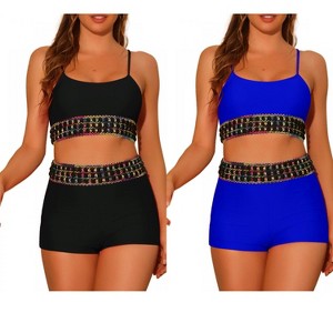 INSPIRE CHIC Women's Contrast Color High Waisted Scoop Neck Swimsuit Bathing Suit 2 Sets - 1 of 4