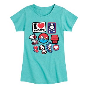 Girls' - Peanuts - I Heart Snoopy Patches Fitted Short Sleeve Graphic T-Shirt - 1 of 4