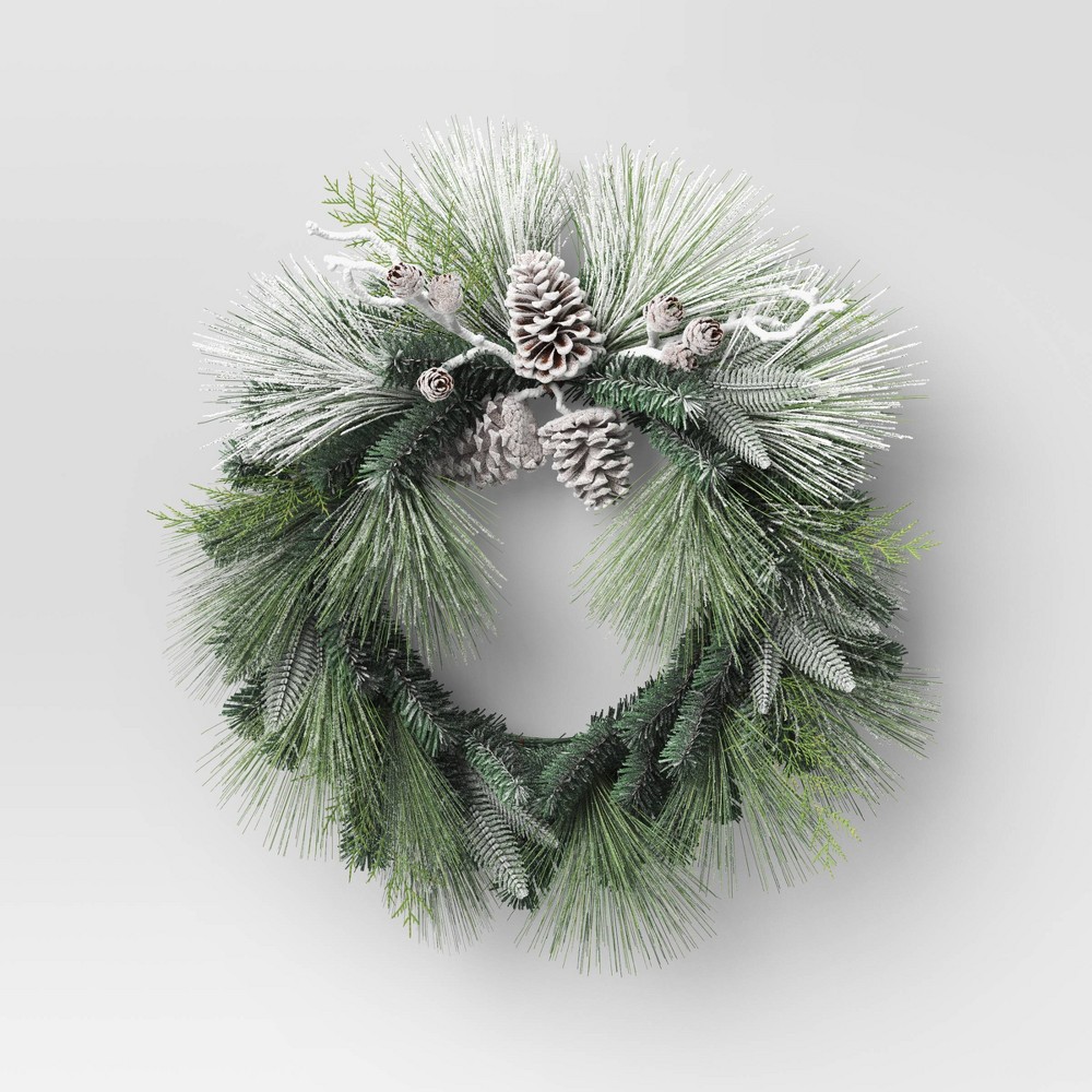28" Flocked Cedar with Pinecones Artificial Christmas Wreath Green/White - Wondershop™