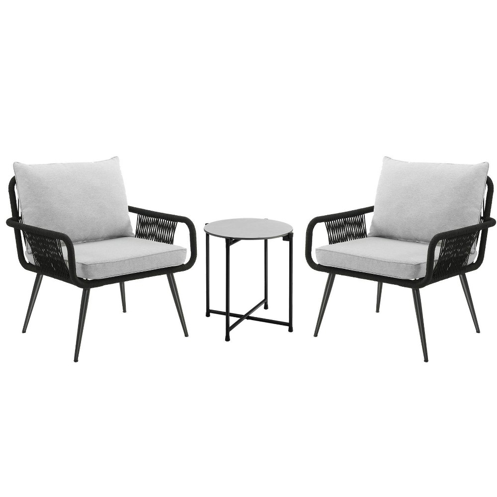 Andover 3pc Outdoor Conversation Set with Two Rope Chairs & Cocktail Table – Charcoal – Alaterre Furniture For Sale