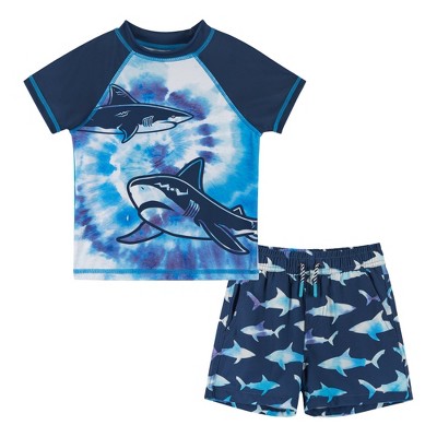 Boys' Short Sleeve Shark Printed & Striped Rash Guard Top & Swim Shorts Set  - Cat & Jack™ White/blue/lime Green : Target