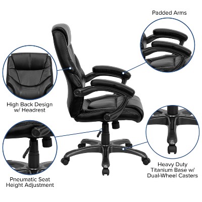 Black Leather High Back Executive Swivel Office Chair with Fixed Arms