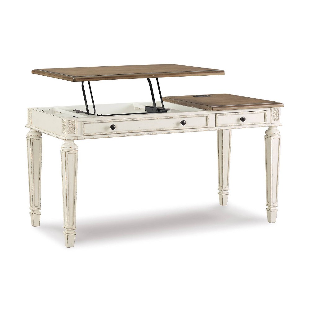 Photos - Office Desk Ashley Realyn Home Office Lift Top Desk Beige - Signature Design by : Mid-Century Modern, Two-Tone Finish, Wood Frame 
