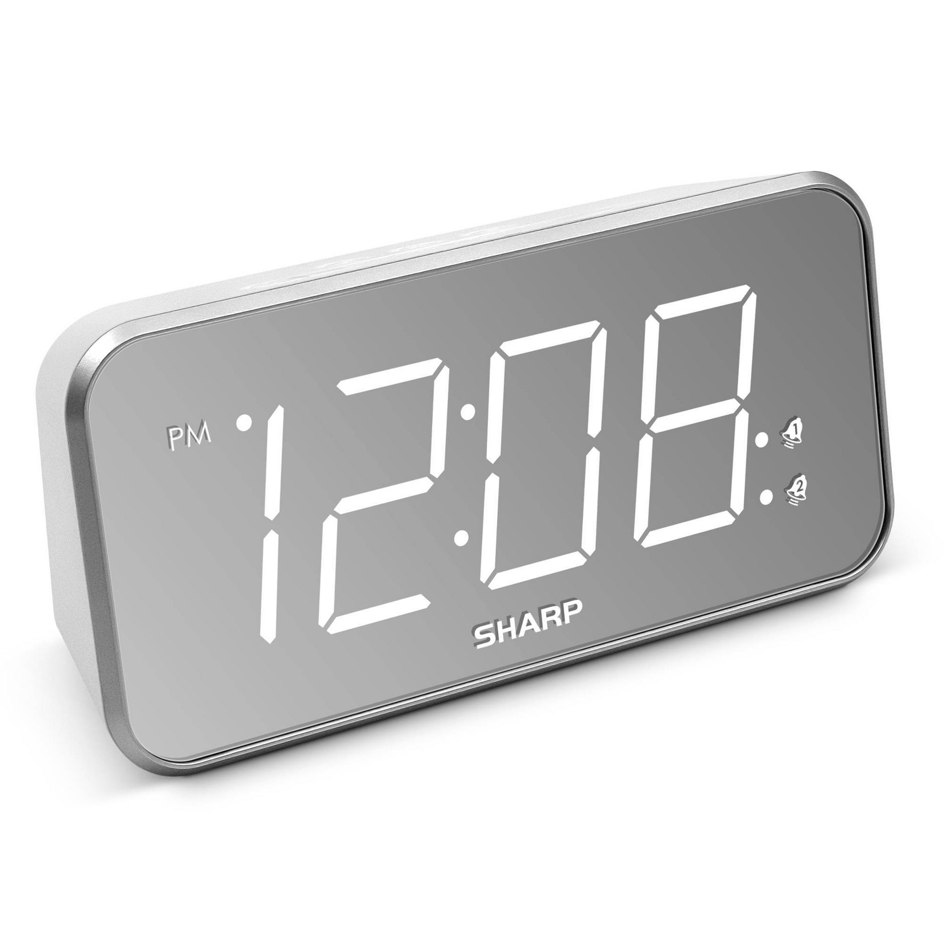 AccuSet Jumbo Mirror Display Alarm Clock White - Sharp: Modern Bedside LED Clock with USB Port
