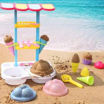 Syncfun 16 Pcs Beach Sand Toys Ice Cream Mold Set with Shelf and Spade Cop, for Kids and Toddlers Beach Party and Fun Summer Activities