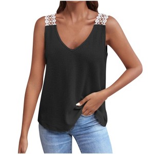 Women's Casual Lace Strap Waffle Knit Tank V-Neck Sleeveless Top Lace-Trimmed T-Shirt for Summer - 1 of 4