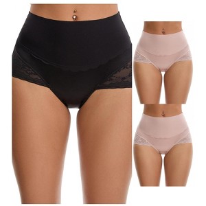 INSPIRE CHIC Women's Hi-Cut Satin High Waisted Lace Trimmed Tummy Control Underpants Briefs 3 Packs - 1 of 4