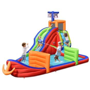 Tangkula Pirate-Themed Inflatable Kids Water Slide w/ Splash Pool & Climb Wall Indoor Outdoor Water Jumping Castle (without Blower)