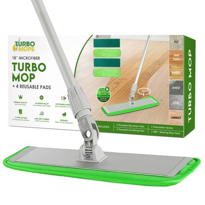 Turbo Mops Microfiber Mops for Floor Cleaning - Tile & Wood Floor Mop W/ 4 Reusable 18” Mop Pads, Spin Head, Extendable Handle