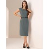 INSPIRE CHIC Women's Elegant Business Round Neck Belted Cap Sleeve Work Sheath Dresses - 4 of 4