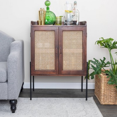 Walnut and Natural Boho Wood Bar Cabinet with Cane Doors
