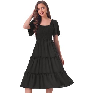 Allegra K Women's Boho Midi Square Neck Short Sleeve Tiered Flowy Smocked Dress - 1 of 4