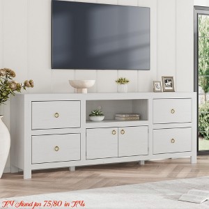 Living Room Farmhouse TV Stand for 75/80 in TVs, Long Entertainment Center with 6 Storage Drawers & Soundbar Shelf, White Television Consoles Stands - 1 of 4
