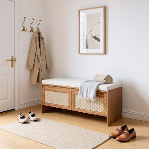 Homy Casa Storage Bench with Cane Front and Upholstered Cushion for Entryway or Living Room, Walnut - 1 of 4