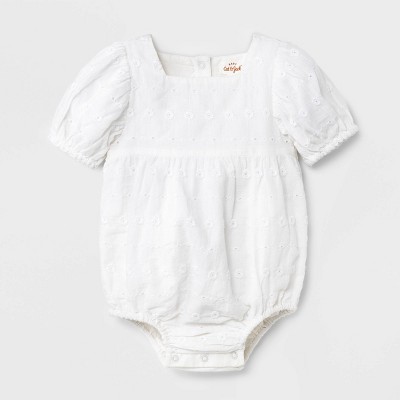 Image of Baby Girls' Linear Eyelet Bubble Sleeve Romper - Cat & Jack™ White 0-3M