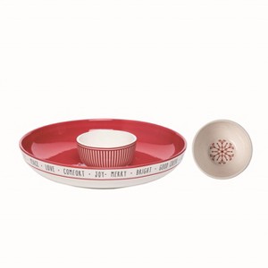 Transpac Dolomite 12.25 in. Multicolor Christmas Snow Stripes Chip and Dip Set of 2 - 1 of 2