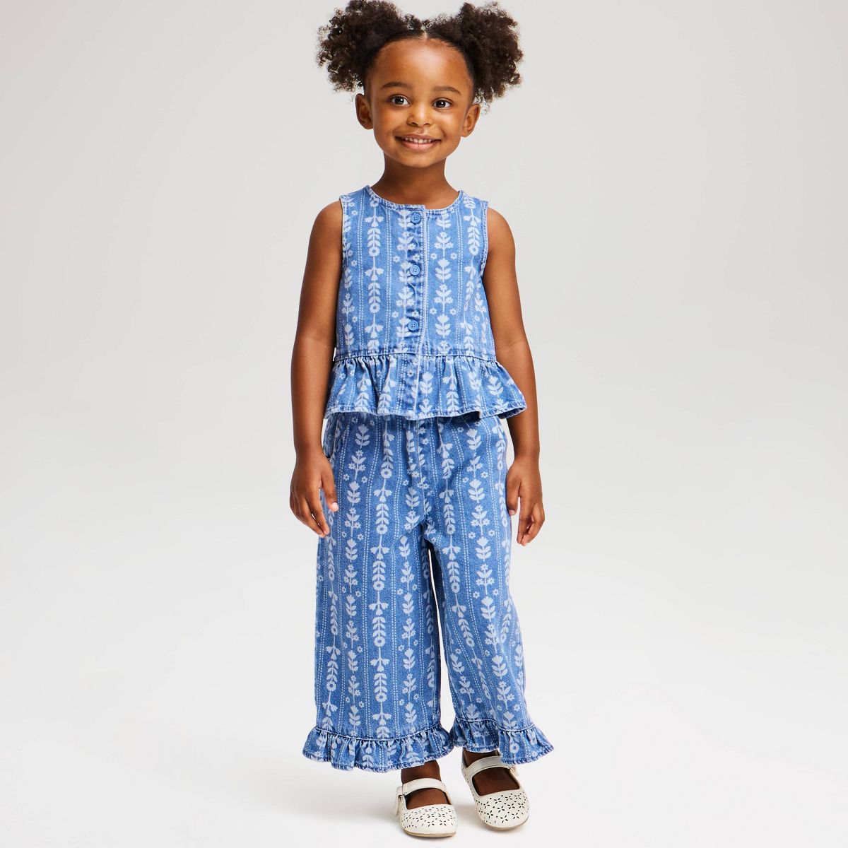 Baby and Toddler Girls' Floral Ruffle Denim Sleeveless Top & Pants Set 2pc - Cat & Jack™ Medium Wash