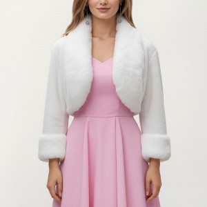 Anna-Kaci Women's Faux Fur Trim Cropped Jacket with Plush Shawl Collar Textured Long Sleeves and Clean Open Front 19in - One Size Fits Most, White - 1 of 4