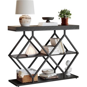 Industrial 3-Tier Accent Console Table with Storage and Open Shelves, Diamond-Shaped Metal Frame - 1 of 4