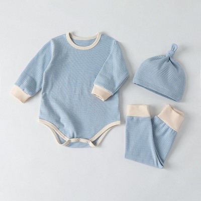 MyKids-USA Baby Striped Graphic Bodysuit Onesies Combo Pants & Hat 3 Pieces Sets Tracksuit
