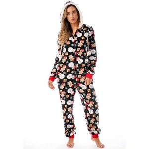 Just Love Womens One Piece Winter Holiday Adult Bodysuit Faux Shearling Lined Hoody Xmas Pajamas - 1 of 4