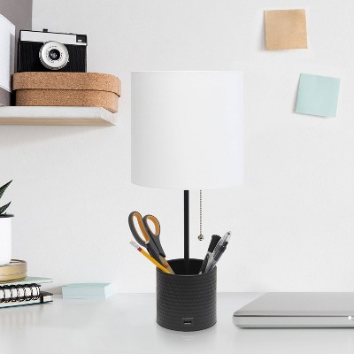 Black Hammered Metal Table Lamp with USB Port and White Shade