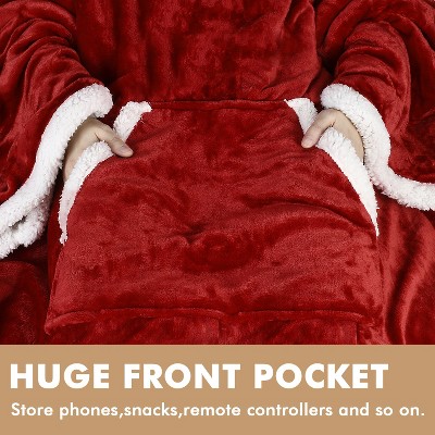 Wine Red Sherpa Fleece Hooded Sleeved Wearable Blanket