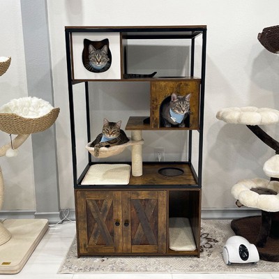 Brown Wooden 3-Story Cat Condo with Sisal Scratching Post