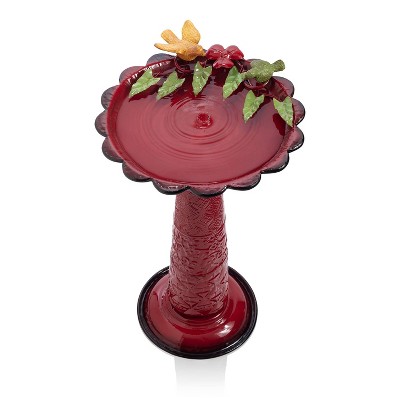 Red Metal Bird Bath with Birds and Leaves, 28-Inch