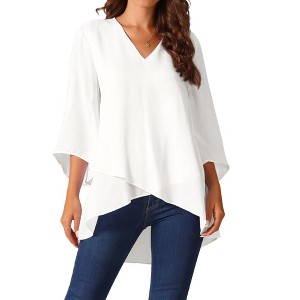 Seta T Women's High Low Asymmetrical Chiffon 3/4 Bell Sleeve V Neck Irregular Hem Casual Blouse - 1 of 4